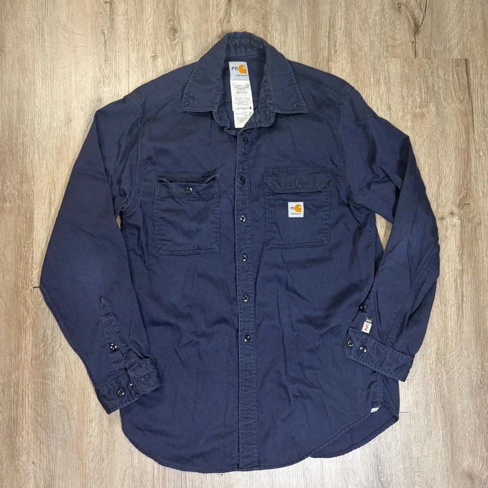 Carhartt FR Shirt Mens Medium Tall Navy Flame Resistant Work Button CAT 2 FRS003